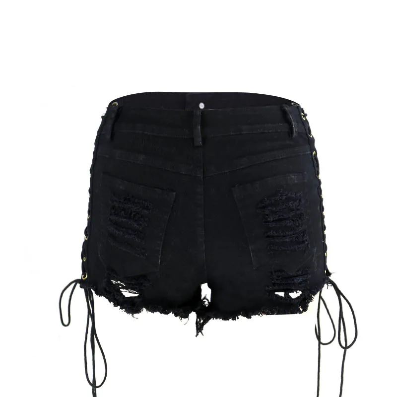 

2018 Fashion New High quality Temperament High Waist Hole Denim Female Shorts Hand Worn Side Strap Sexy Tight Shorts HJB246