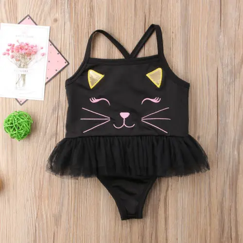 Милый стиль Цельный купальник для маленьких девочек с принтом кота из