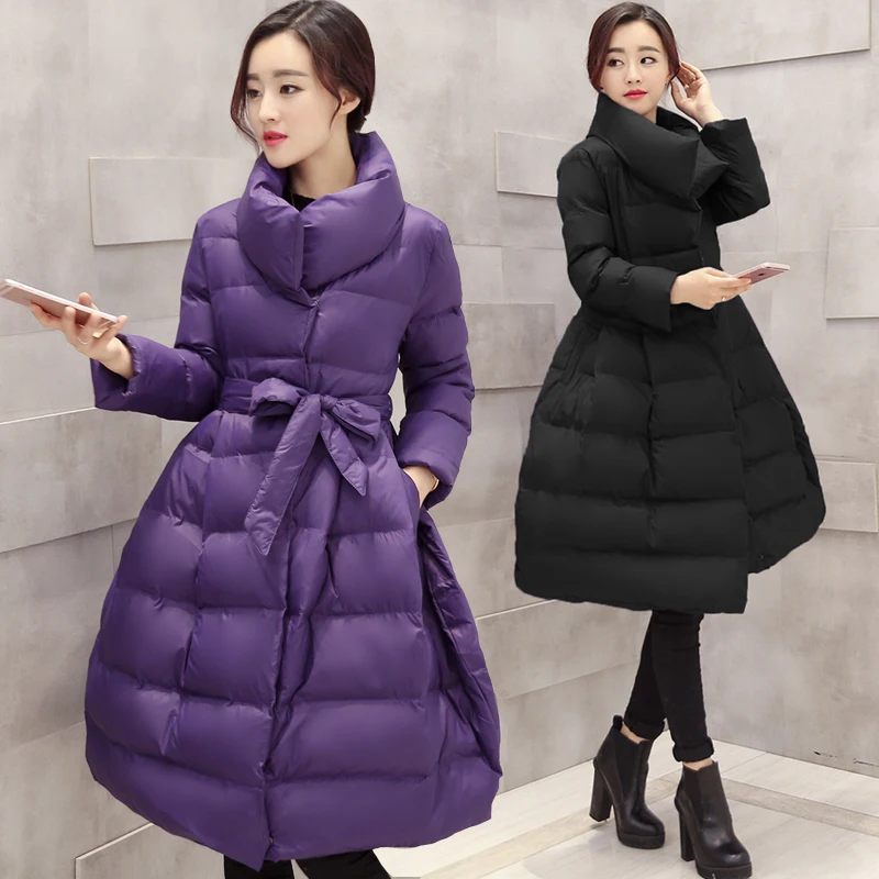 New Korean Fashion A-line Women Winter Coat Warm Cotton Padded Parka Elegant Jacket with Belt Big size Overcoat A991 | Женская одежда