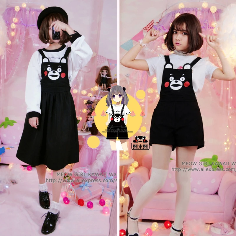 Очень милое платье японского аниме Кумамон на подтяжках черное с медведем из
