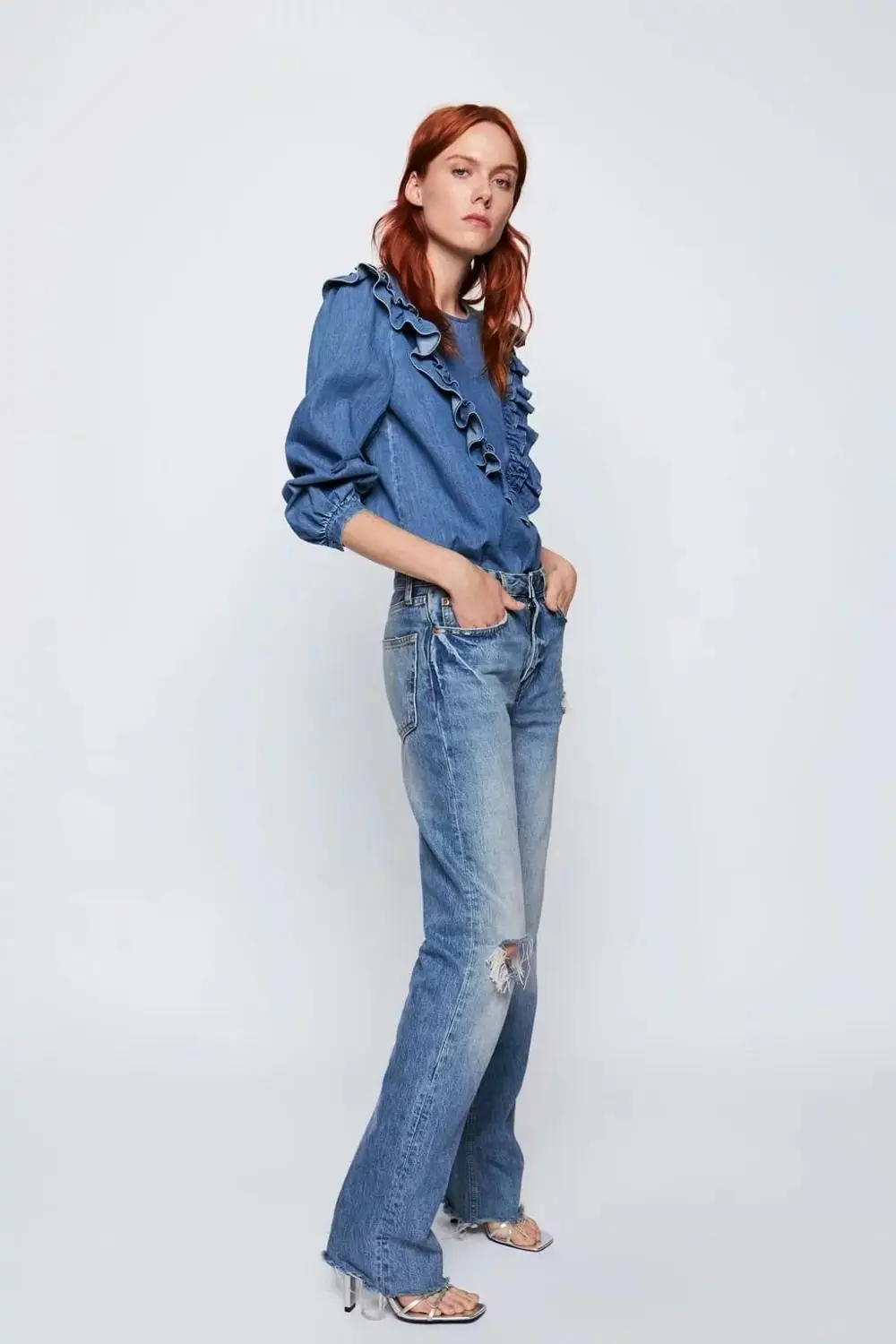 Northflow 2019 blusas блуза mujer de moda кимоно каскадные оборки однотонные джинсовые блузки с