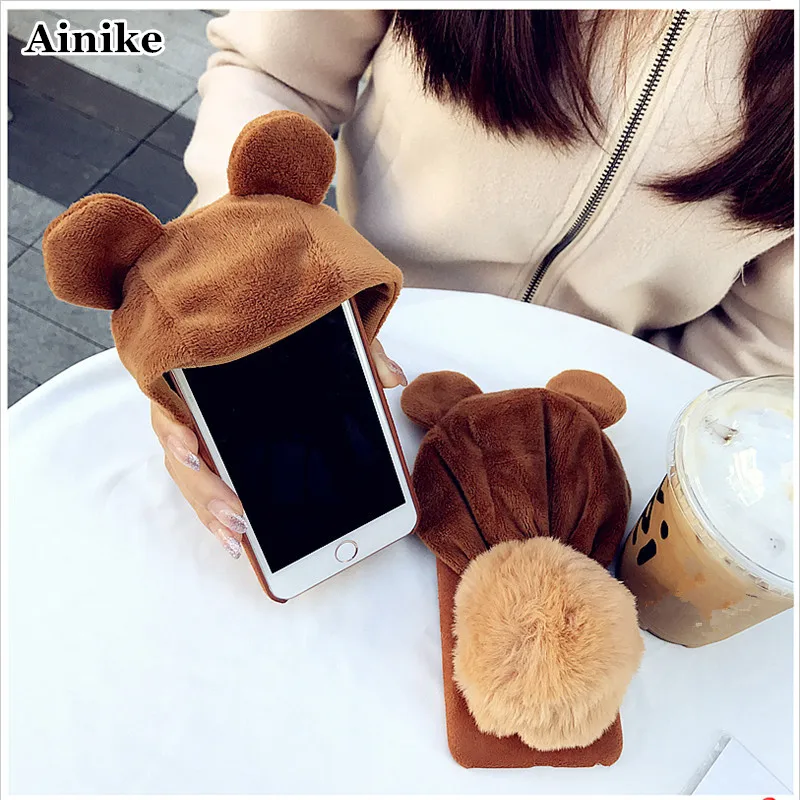 Ainike Cute Warm Fur Ball Bear Hat Phone Case For BBK Vivo X9s X20Plus Xplay5 X21i V15 Y17 Y3 Animal Ears Soft Furry Plush Cover |