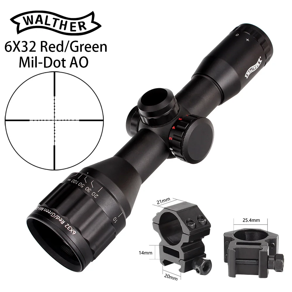 with picatinny rings WALTHER 6x32 AO Mini Mil-Dot двухцветная светящаяся сетка тактический прицел для винтовки для охоты оптический прицел - Цвет: with picatinny rings