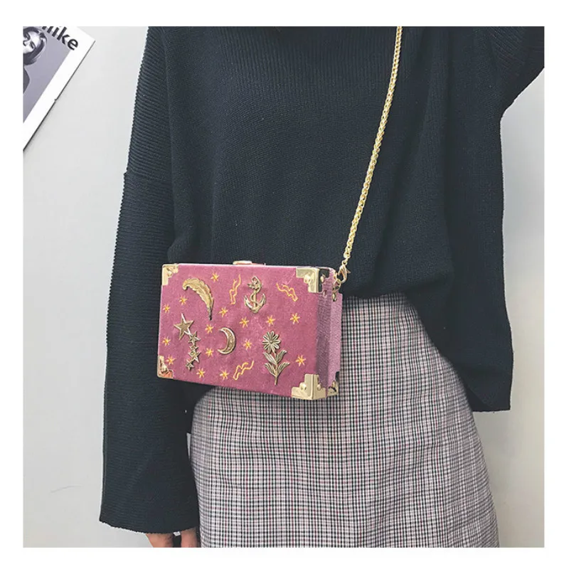 Бархатная маленькая квадратная Женская сумка через плечо с вышивкой женская