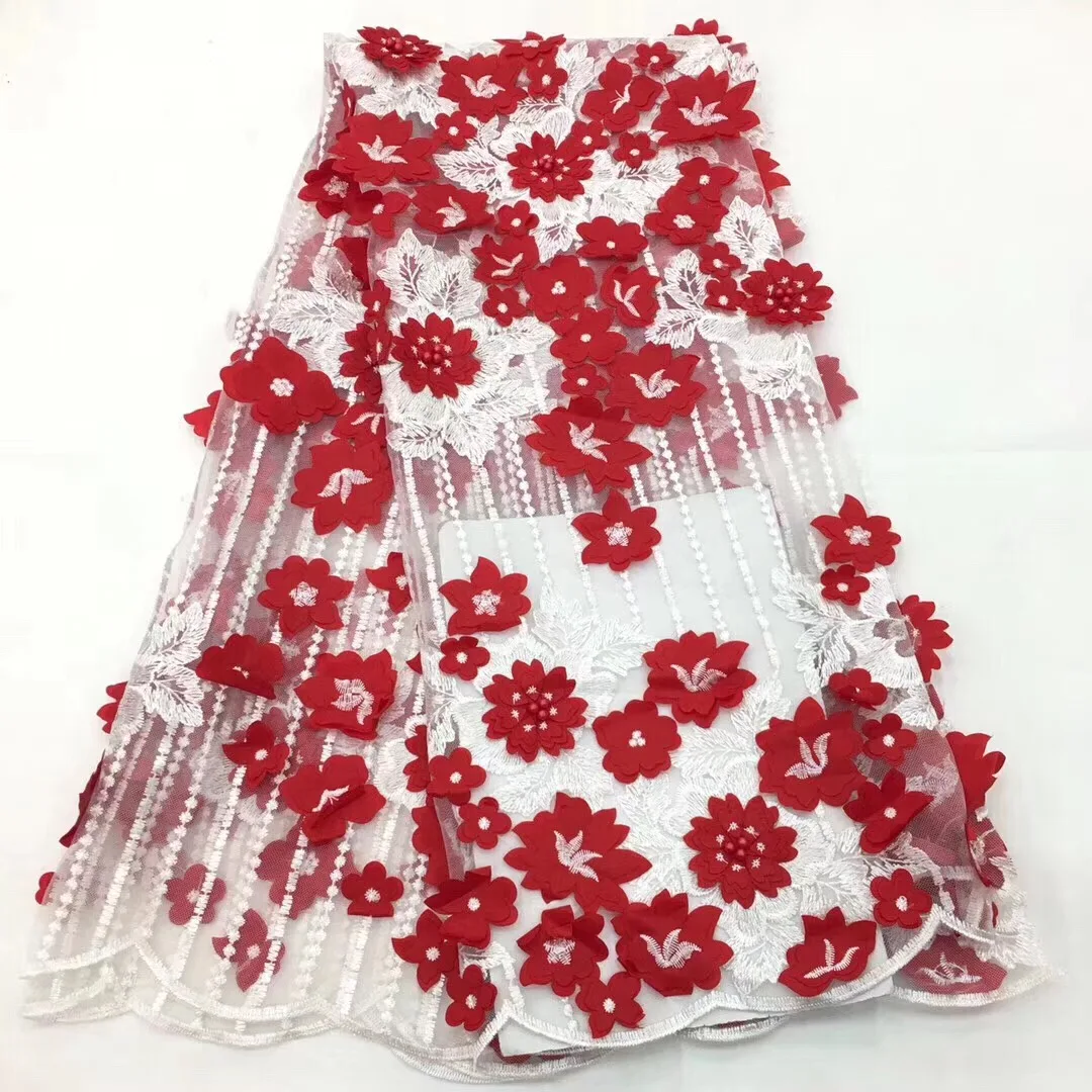 

Red African French Lace Fabric with 3D flowers High Quality African Tulle Lace Fabric With Beads Blue Black lace fabric LCD909B