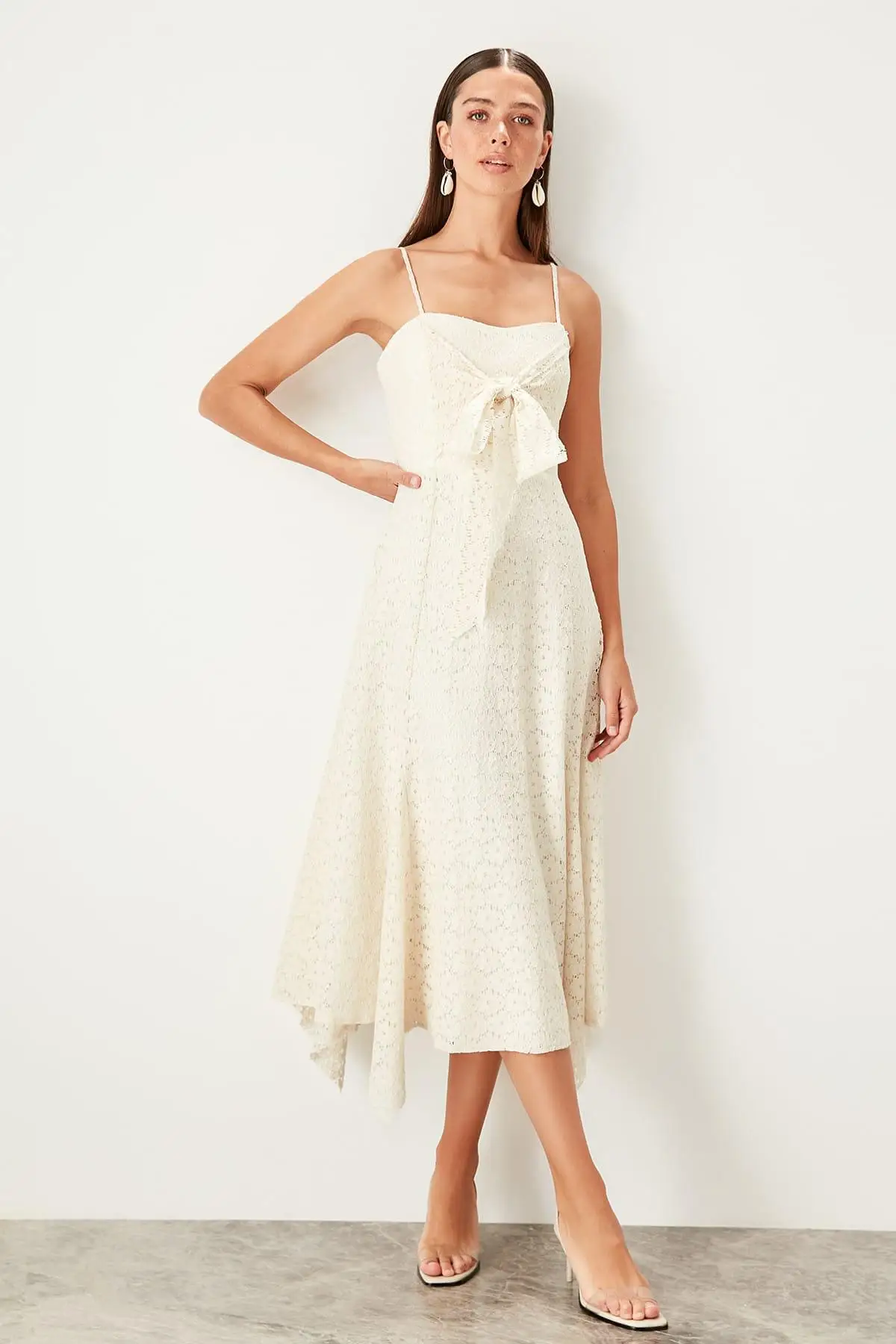 Trendyol белое платье с бантом TPRSS19UZ0069|Женские платья| |