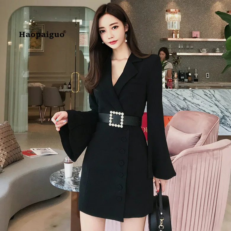 

Women Plus Size Straight Dress Autumn Black Full Flare Sleeve Notched Suit Office Tunic Dress White Mini Ladies Dresses Vestido