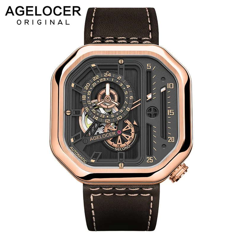

Agelocer Top Brand Luxury Watch Men Designer Square Watch Waterproof Leather Strap All Black Mechanical Watches 5603J3