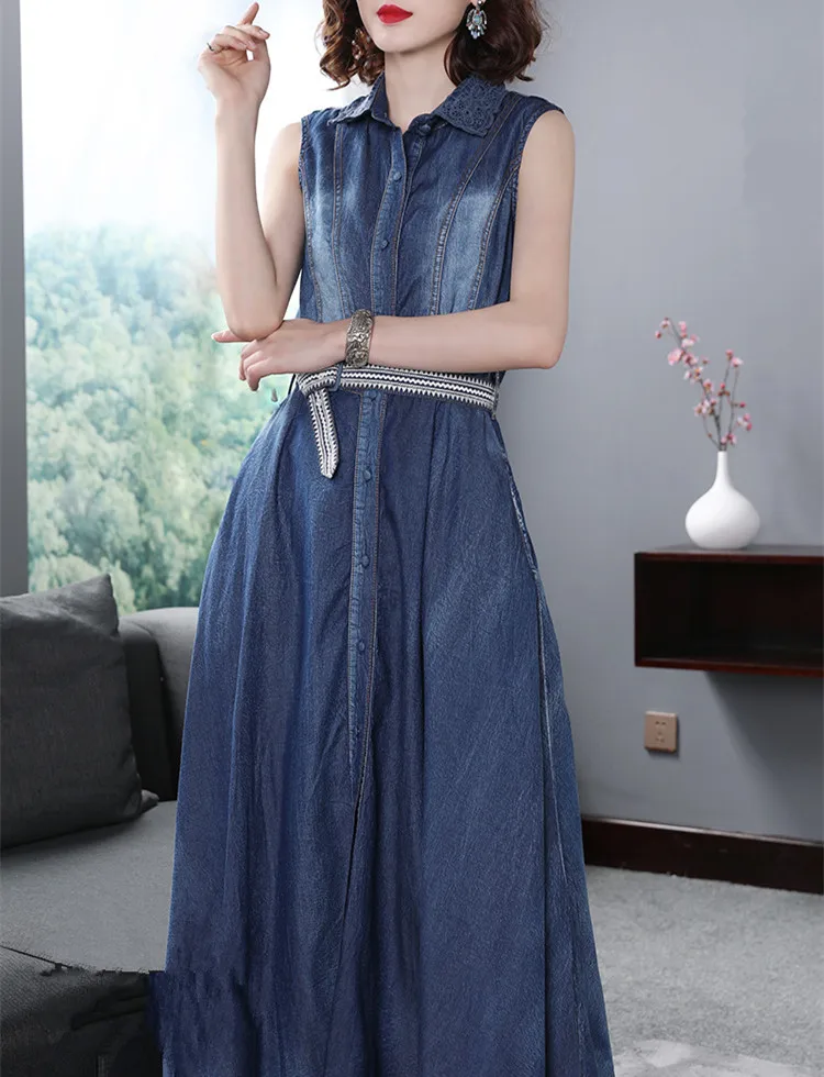 ВЗЛЕТНО посадочной полосы Женская летняя новая джинсовая длинное платье 2018