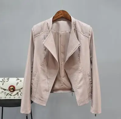 Pink Новинка, женская кожаная куртка, Весенняя осенняя одежда, тонкая мотоциклетная куртка из искусственной кожи, женская короткая куртка на молнии, модные топы, пальто 2030 - Цвет: Pink
