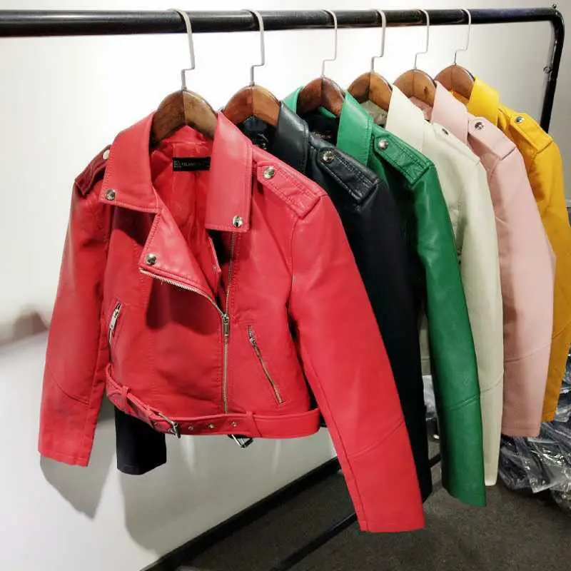 

PU Leather Women Coat Cindy Color Slim Motorcycle Style Female Crop Top Coat