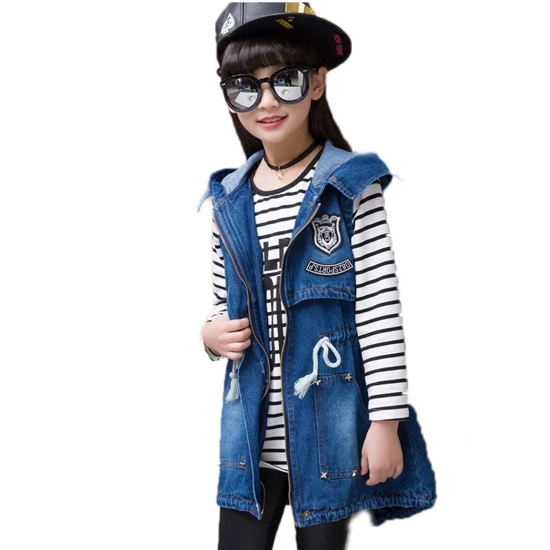 

Hooded Girl Denim Vest 4-13Y Letter Printed Long Kid Cowboy Vest Waistcoat Sleeveless Jean Jacket Drawstring Children Outerwear