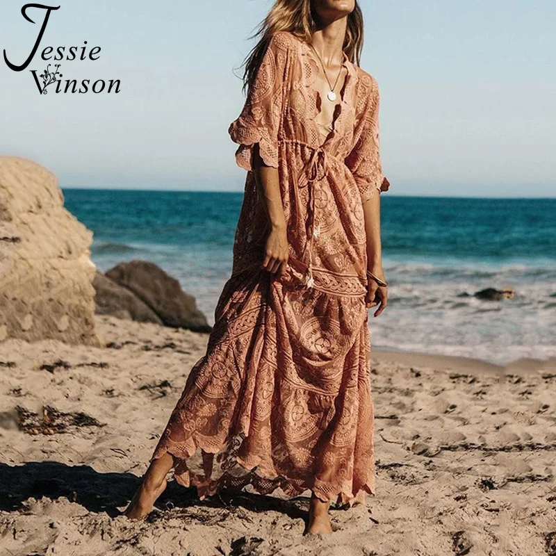 Женское кружевное платье макси Jessie Vinson длинное прозрачное платье-накидка с