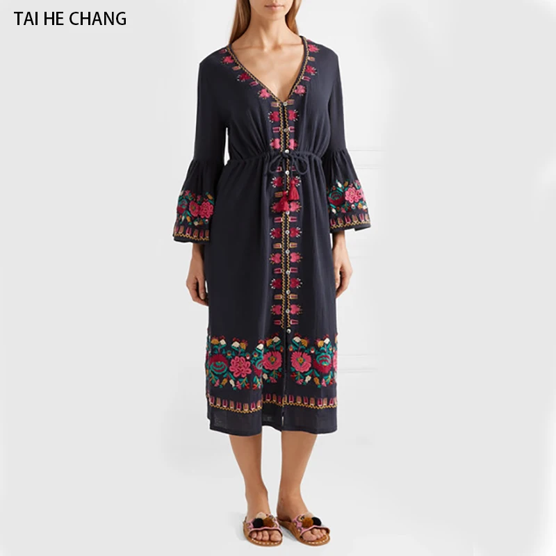 

women dress autumn vestidos vintage embroidery bohemian runway sexy beach party v-neck loose white flare sleeve summer dress