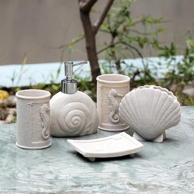 Bathroom Accessories Set 5pcs Sea Shell Style Sets Cartoon Resin Toothbrush Cup Soap Dish | Дом и сад