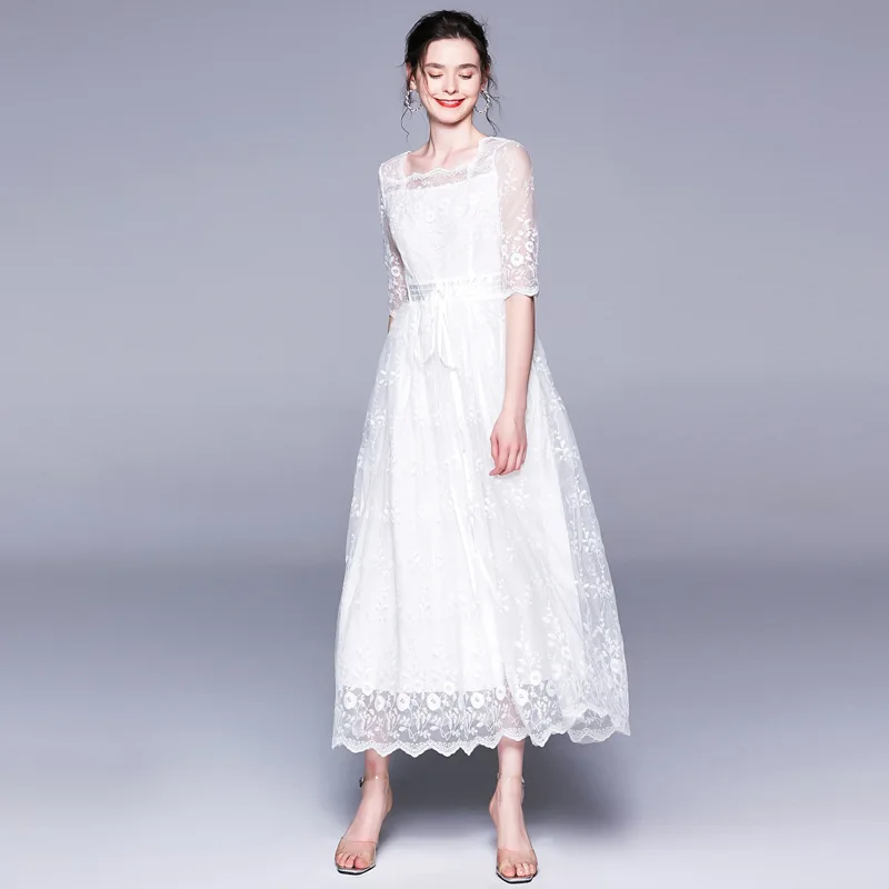 Женское платье-макси с цветочным рисунком белое кружевное бальное платье поясом