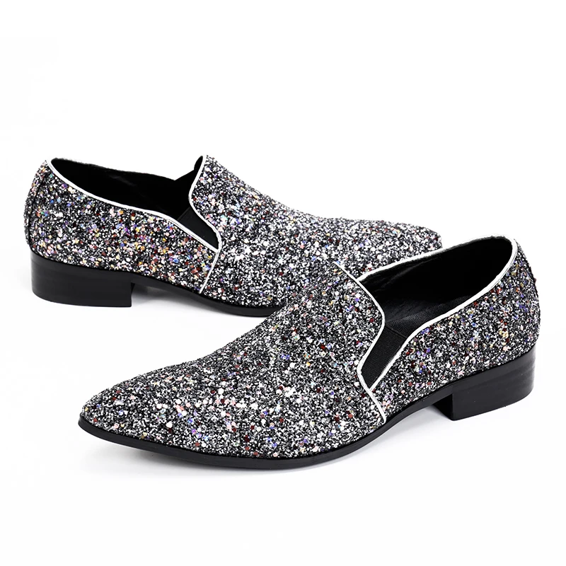 Модные Серебристые мужские туфли с блестками итальянские кожаные острым носком