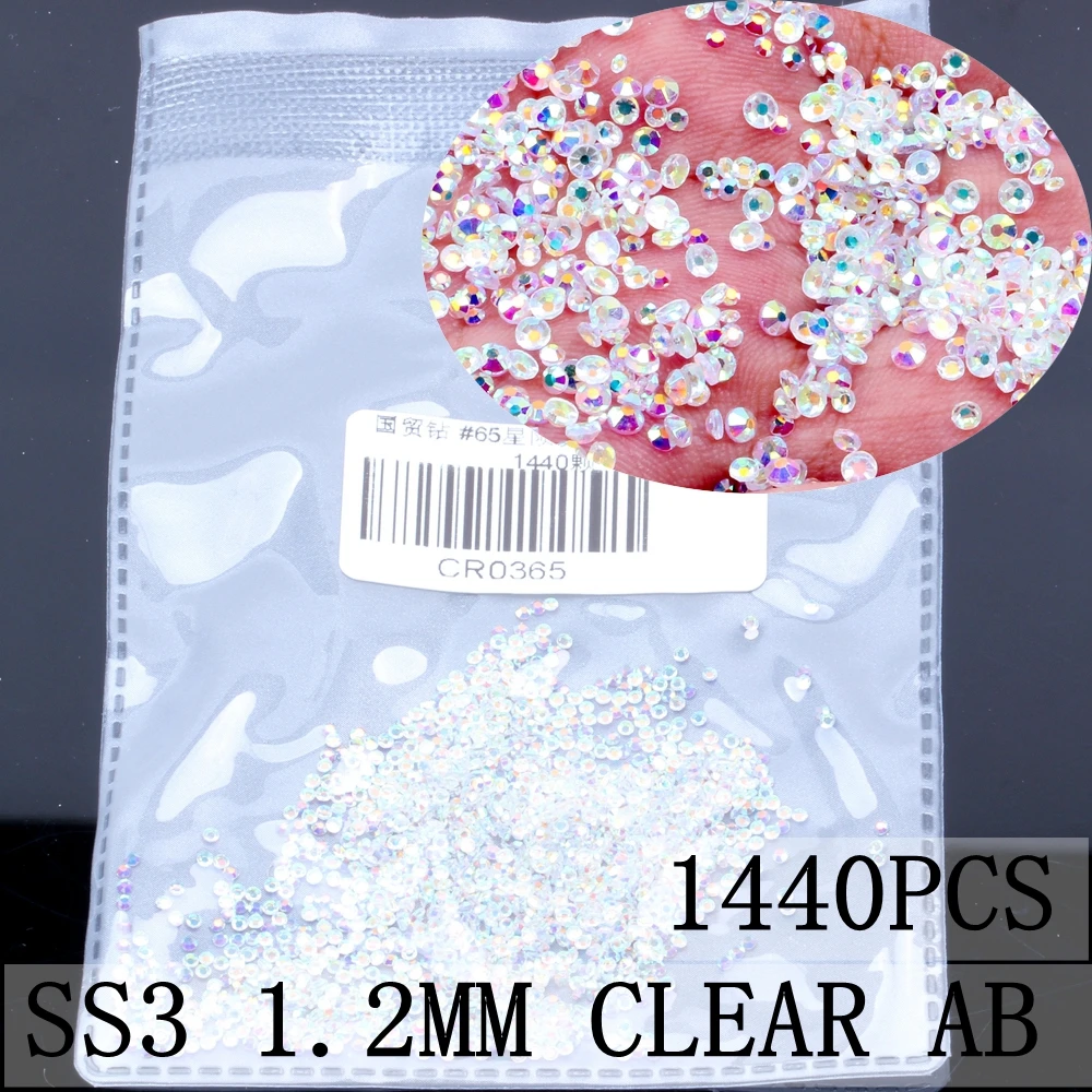Clear AB ss3 1440pcs 3D Стразы для ногтей, SS3-SS8, хрустальные стразы, плоские с оборота, Стразы для ногтей, не Горячие фиксации, украшение для ногтей, сделай сам, стеклянный маникюр - Цвет: Clear AB ss3 1440pcs