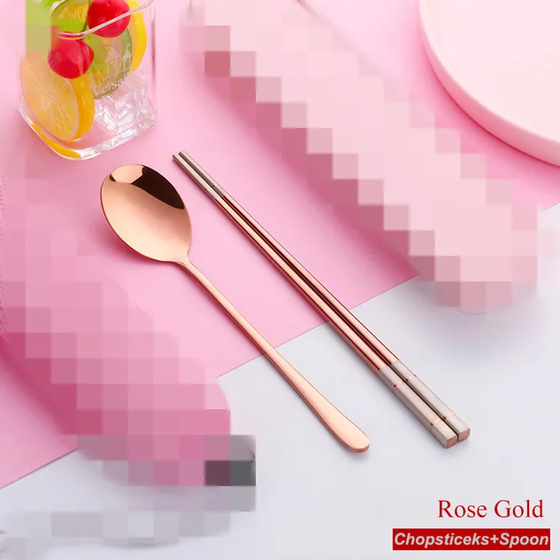Rose Gold-1 set 1 пара корейских палочек для еды набор ложек многоразовые из нержавеющей стали для суши с длинной ручкой Нескользящие палочки для еды ложка набор инструментов коробка и сумка - Цвет: Rose Gold-1 set