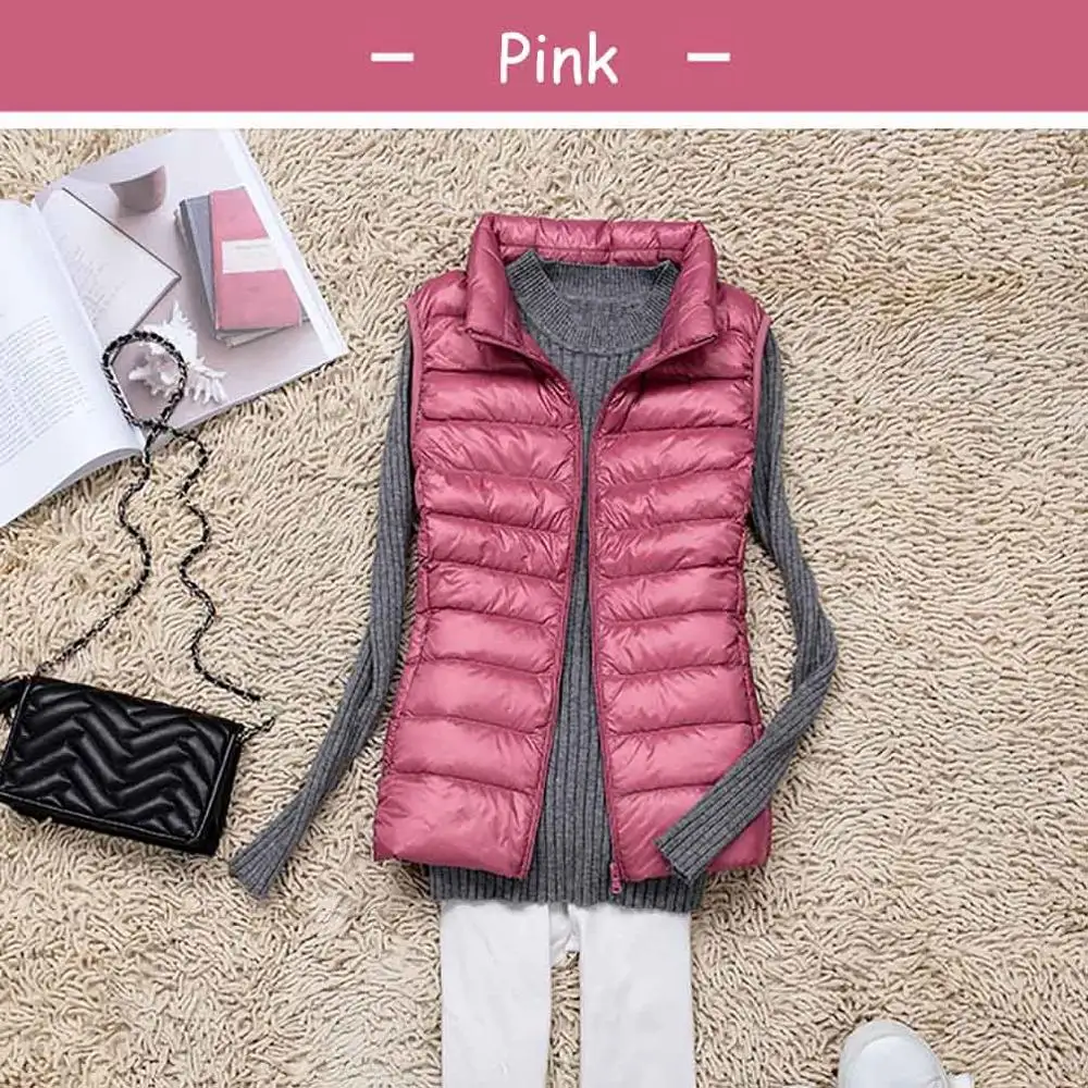 Pink 90% белый жилет на утином пуху, женский зимний ультра-светильник, брендовый жилет без рукавов, осенняя приталенная короткая куртка, пальто - Цвет: Pink