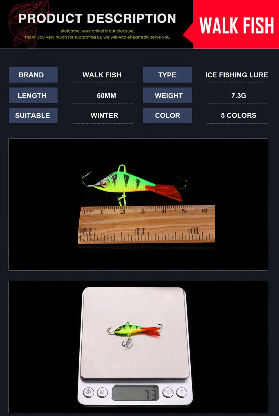 WALK FISH, 1 шт., приманка для подледной рыбалки, зимняя жесткая приманка, 50 мм, 7,3 г, балансир для рыболовных приманок, свинцовые рыболовные аксессуары