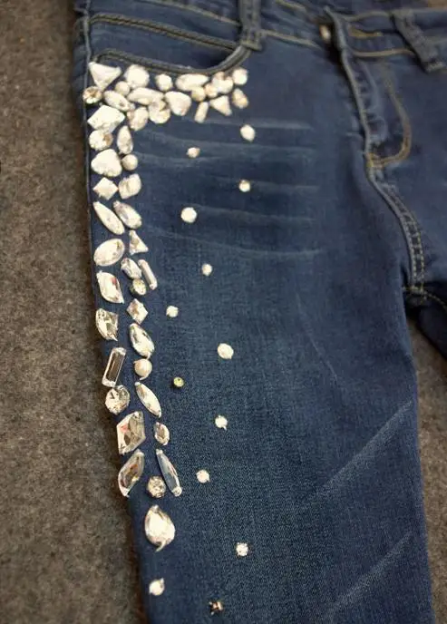 

New fashion women skinny jeans denim pants diamonds rhinestones jeans stretch long jeans