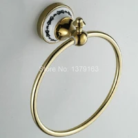 new bathroom accessory wall mounted luxury polished gold brass ceramic flower pattern towel ring towel rack holder aba252