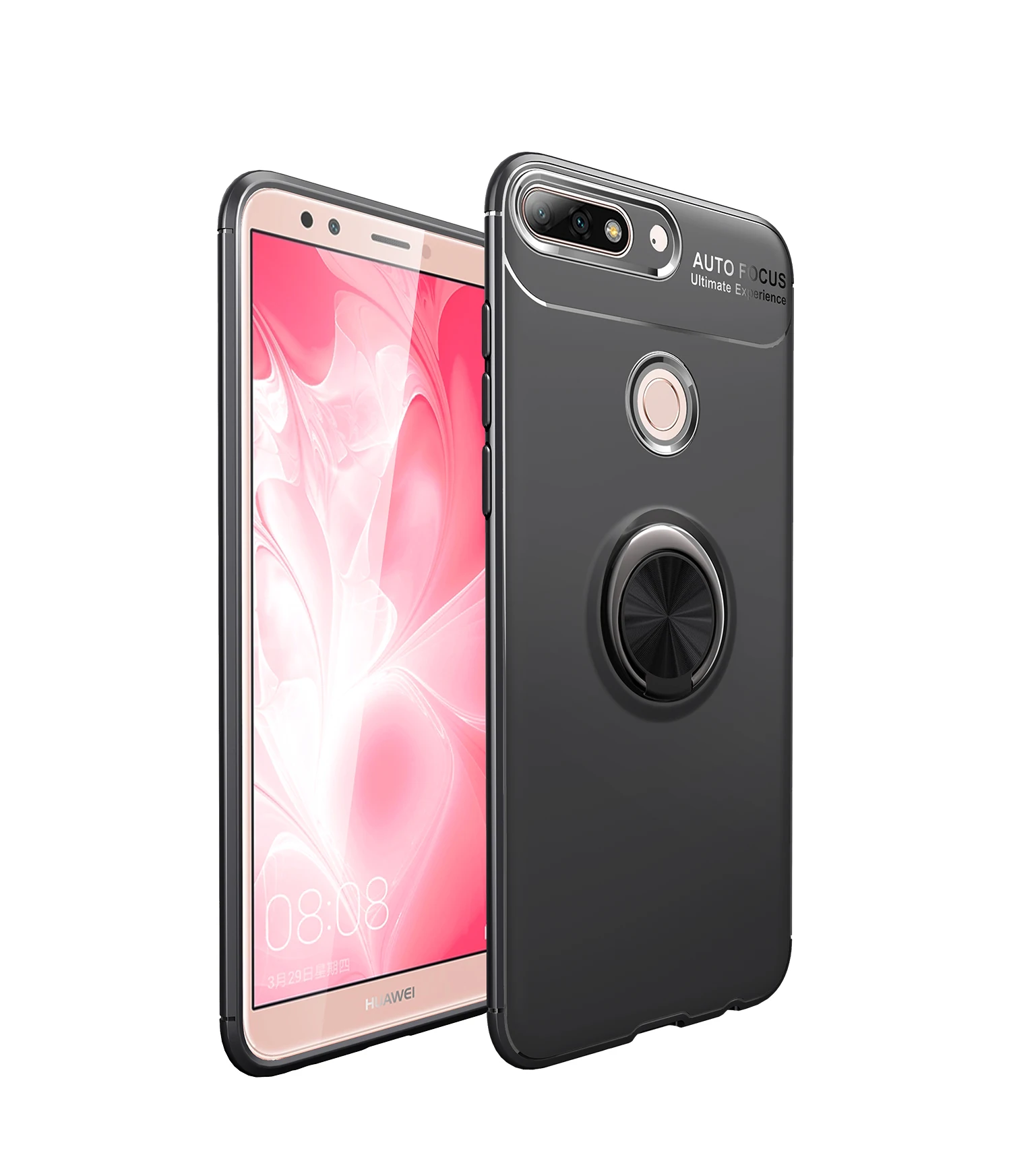 Матовый мягкий силиконовый держатель чехол для huawei Y9 honor 8C 7C Y7 7A Y6 Y5 чехол 360 Вращающийся Магнитный чехол из ТПУ - Цвет: black and black ring