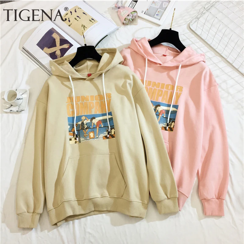 Женская толстовка с капюшоном TIGENA Kawaii белая и розовая длинным рукавом в