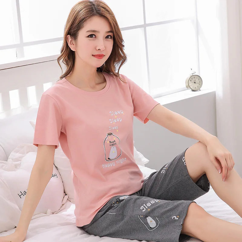 Jimiko women Pyjama short-sleeved T-shirt shorts 2 pcs set pajamas cartoon rabbit print Sleep Lounge Pajama mujer summera | Женская