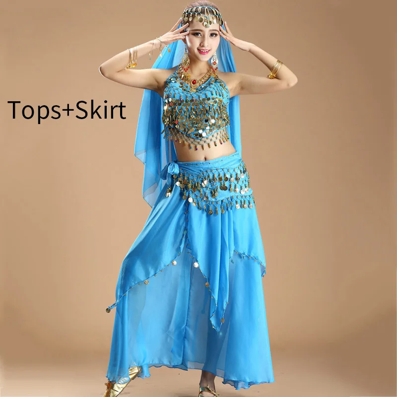 Sapphire Blue 2pc Костюм для танца живота женский Восточный танец леди болливудские Танцы платье индийский танец блестки юбка для танца живота костюм для женщин - Цвет: Sapphire Blue 2pc