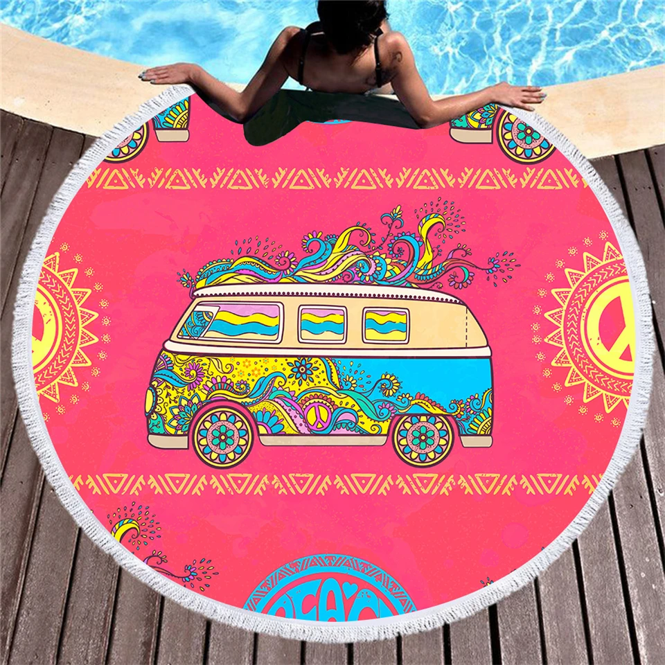 Пляжные полотенца из микрофибры GRIDILANGO Peace Love Car с кисточками Boho для взрослых