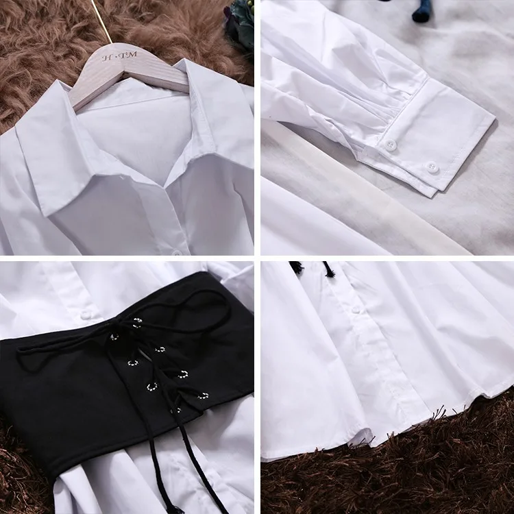 Весенне-летнее платье-рубашка с пышными рукавами и поясом женские повседневные