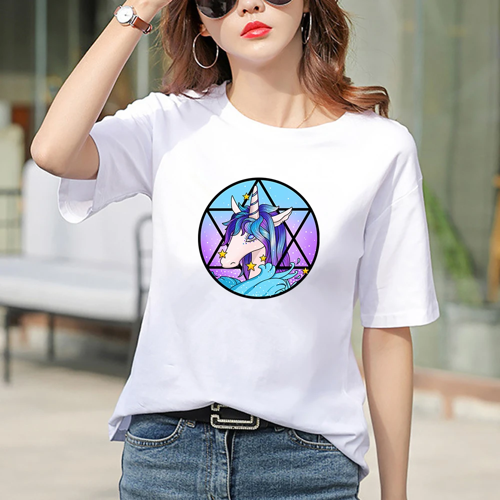 Мода 2019 Kawaii Единорог печатная Женская футболка Летняя мода Licorne короткий рукав