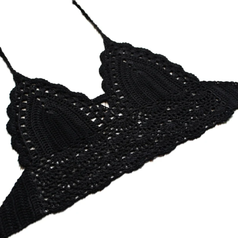 Knitting Halter Tank Top Sexy Women Deep V Crochet Bralette Bra Boho Beach Backless Cami Crop Top - Цвет: Черный