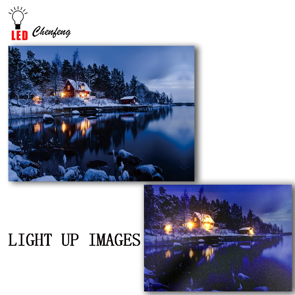 Lighted canvas printing led wall art decorative Snowy Cabin scene winter landscape Painting on Canvas holidaygift | Дом и сад