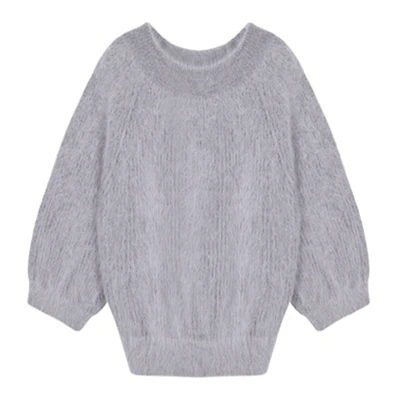 Light gray BAHTLEE зимние женские пуловеры из Ангорского Кролика, свитер с длинными рукавами и вырезом лодочкой, высокая эластичность, сохраняющий тепло, свободный толстый джемпер - Цвет: Light gray