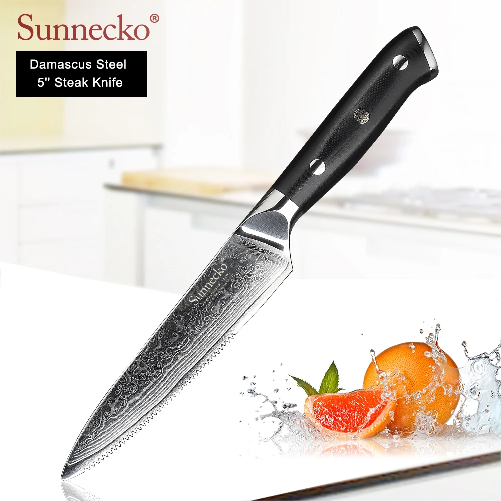

SUNNECKO Premium 5" inch Damascus Steak Knife Japanese VG10 Steel Blade Sharp Kitchen Cutter Knives G10 Handle Meat Cooking Tool