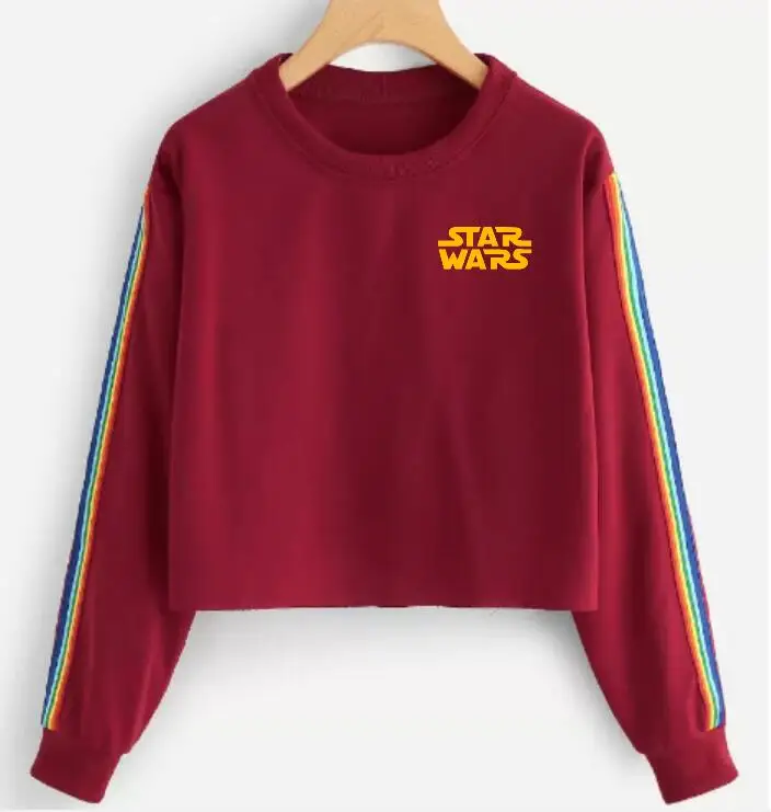 New Fashion Women's STAR WARS Round Neck Long Sleeve T-Shirt Short Rainbow Stripe Street | Женская одежда