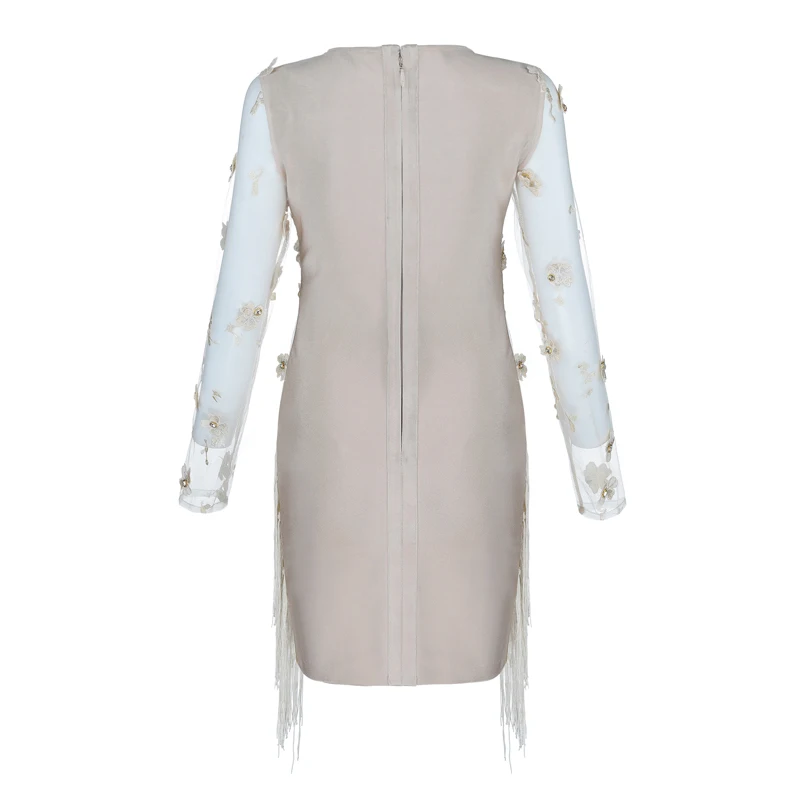 Оптовая продажа Новинка 2019 года бежевое платье с длинными рукавами и бахромой