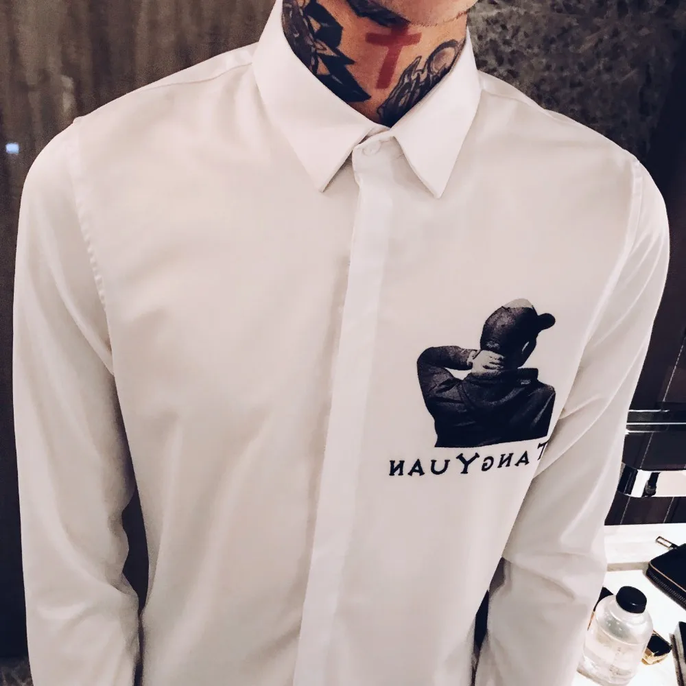 Осенняя мужская рубашка с принтом Camisa Hombre Повседневная приталенная рубашка Мужская Уличная рубашка Camisas Hombre черный смокинг для ночного клуба
