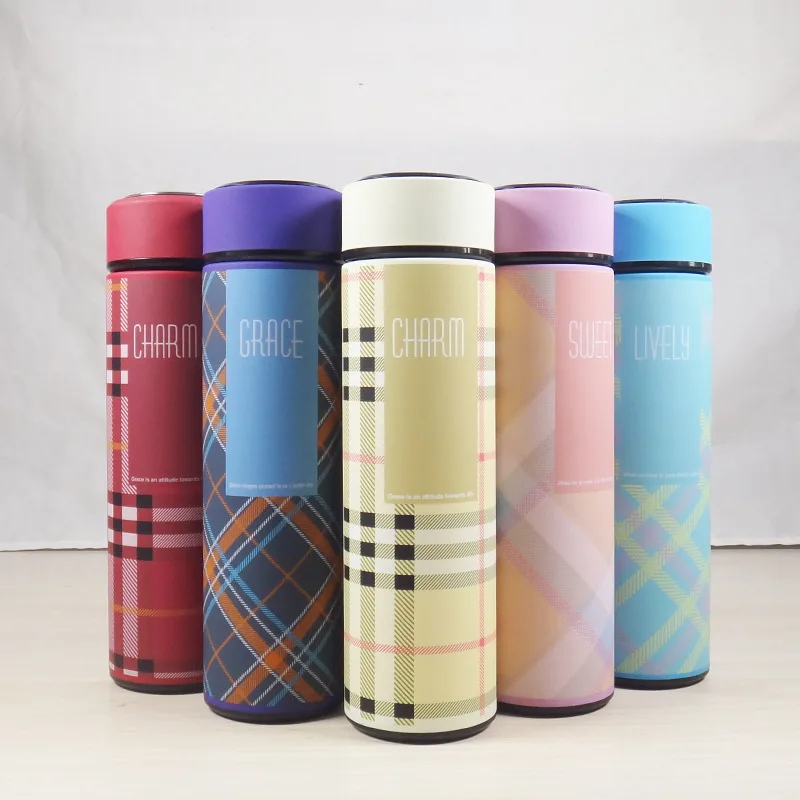 Creative Plaid Double Wall Vacuum Flask Thermos Bottle 304 Stainless Steel Thermal Insulation Cup Student Withe Pink Blue 450Ml | Дом и сад