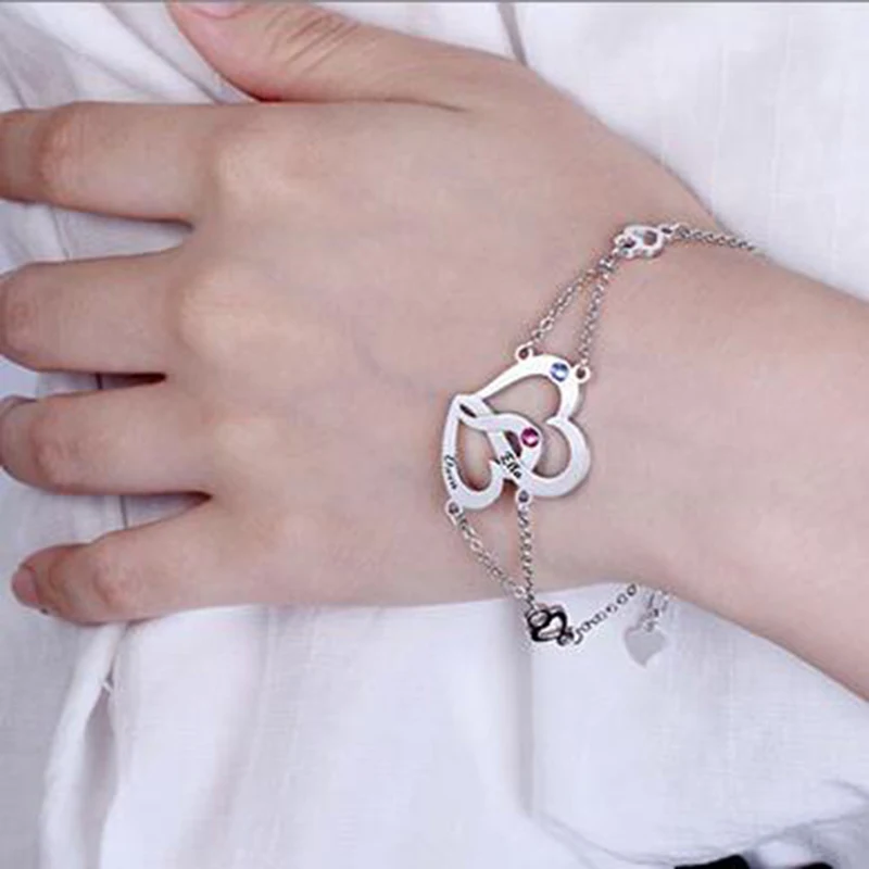 StrollGirl New Personalized 925 Silver Interlocking Two Heart Birthstones Bracelet Engraved Couple name Custom Valentine's Gift