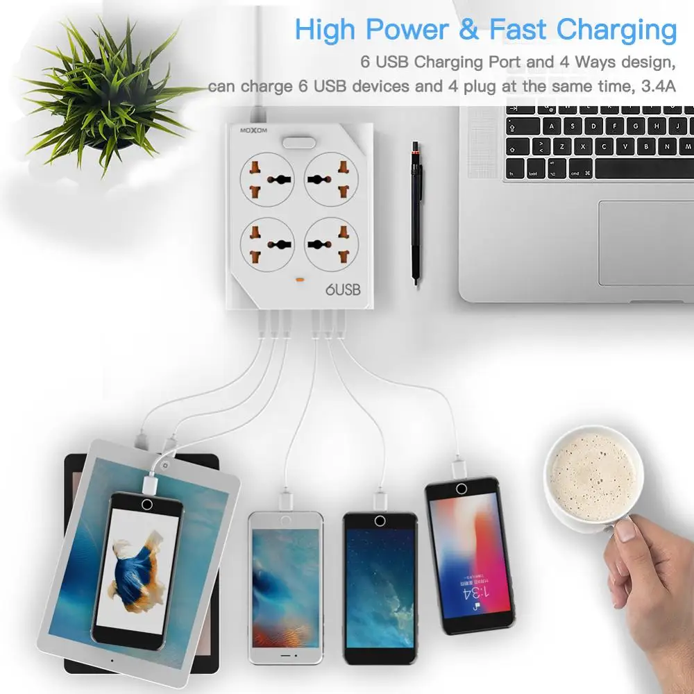 MOXOM умный дом электронный блок питания розетка Быстрая зарядка 6 USB+ 4 розетки стандартный разъем интерфейс расширение ЕС Великобритания