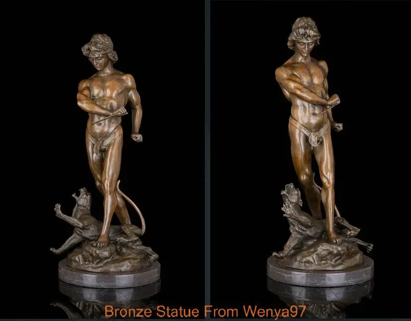 Art Deco Sculpture Nude Man Hunter With Tiger Bronze Statue Signed | Декор для дома