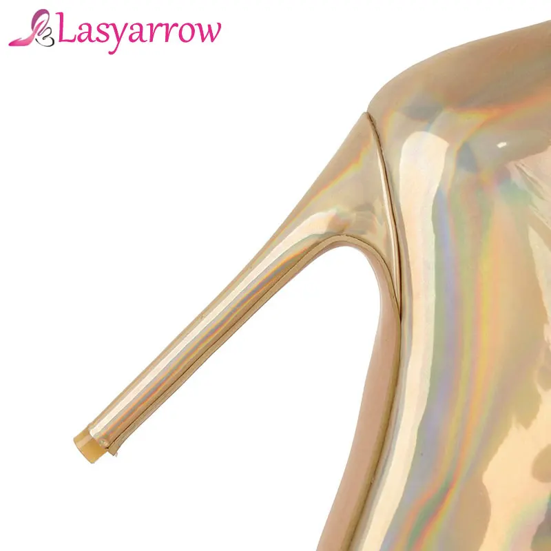 Lasyarrow/женские сапоги до колена на шпильке; пикантные рыцарские сапоги; женские сапоги на высоком каблуке; цвет золотой, серебряный; лакированная кожа; Botas Mujer; F563