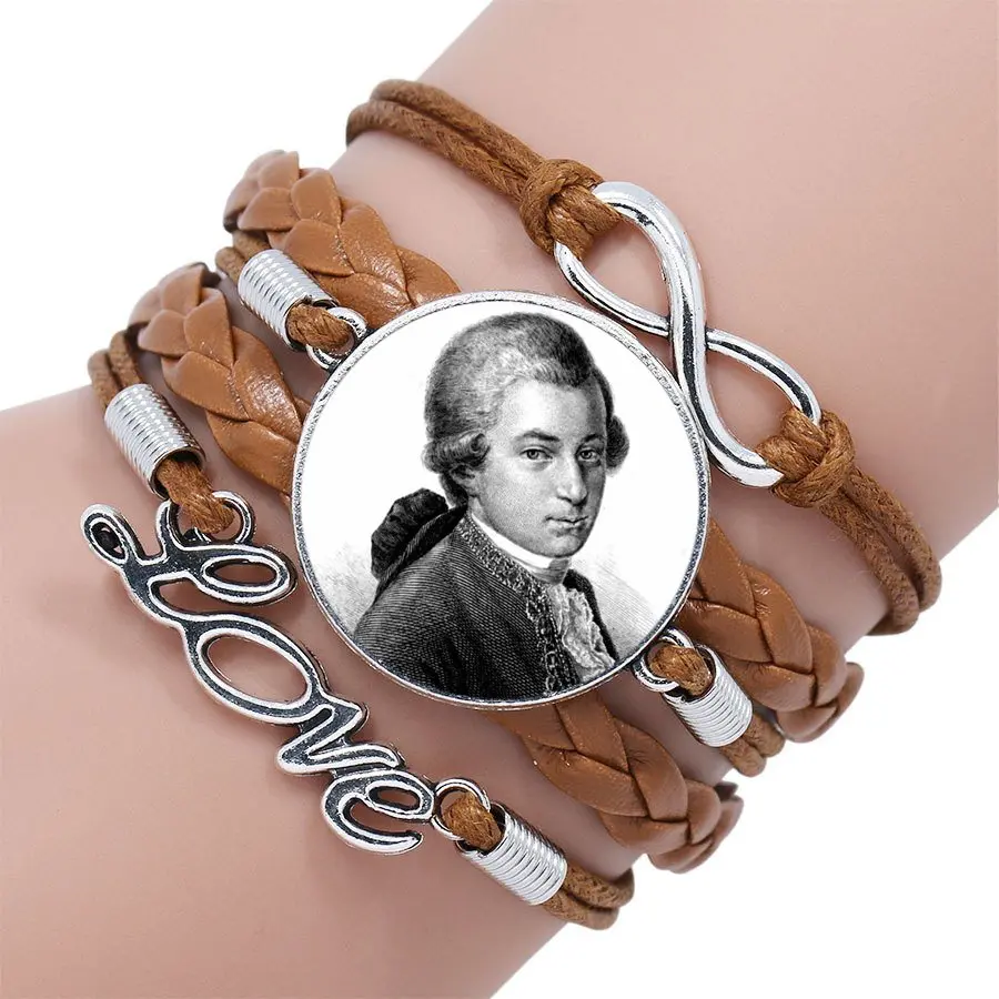 as picture Вольфганг Mozart Композитор для школьниц Макси Панк ювелирные изделия со стеклом кабошон Многослойный черный/коричневый кожаный браслет - Окраска металла: as picture
