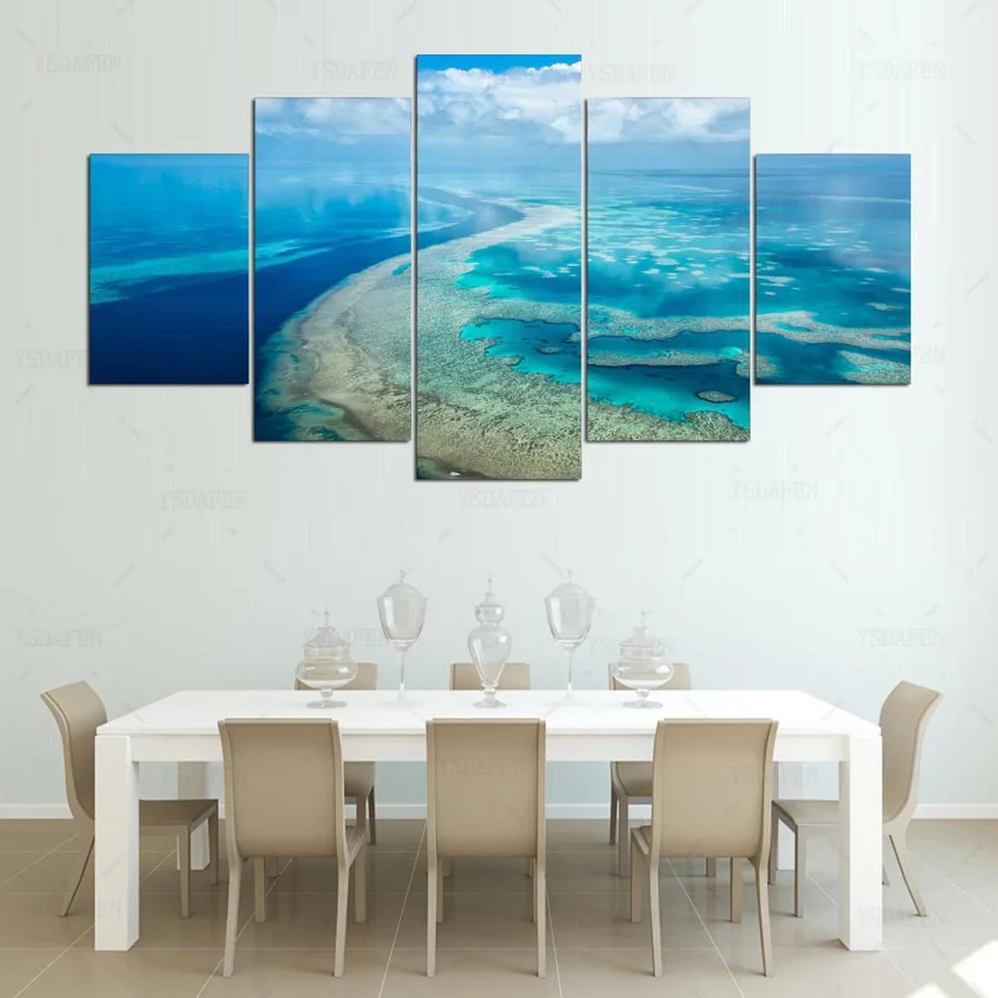 Современные interieur modulaire холст HD gedrukt 5 stuks blauwe хемел oceaan волькен волна zeegezicht schilderen