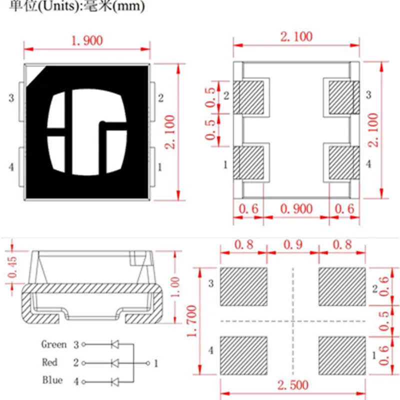 100 шт. светодиодный RGB SMD диоды 2121 для светодиодный дисплей панели экран трубки Диод 2121 SMD светодиодный Диод многоцветный Радужный светильник