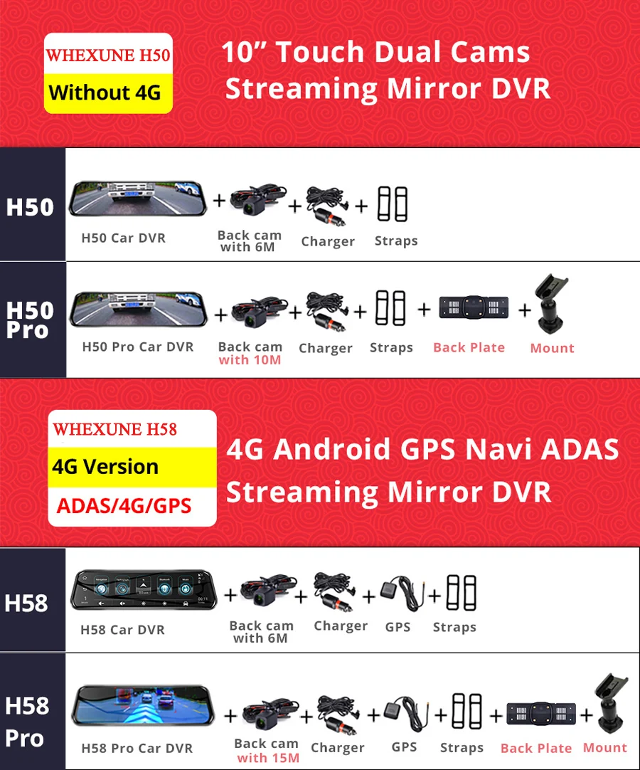 WHEXUNE 1" 4G Автомобильный видеорегистратор потоковое Android специальное Сенсорное зеркало заднего вида FHD 1080P двойной видеорегистратор камера ADAS WiFi gps регистратор